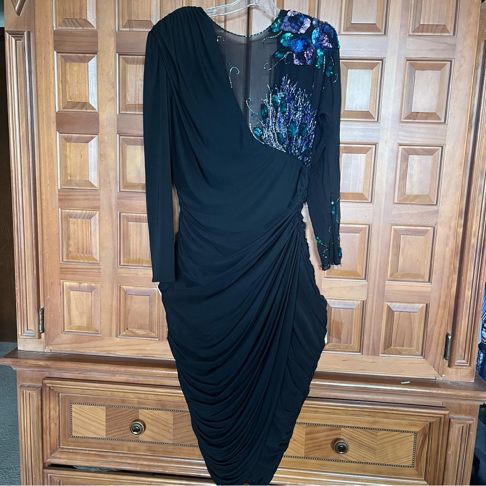 “Vintage”Casadei Black Asymmetrical Long Sleeve Cocktail Dress Size 14